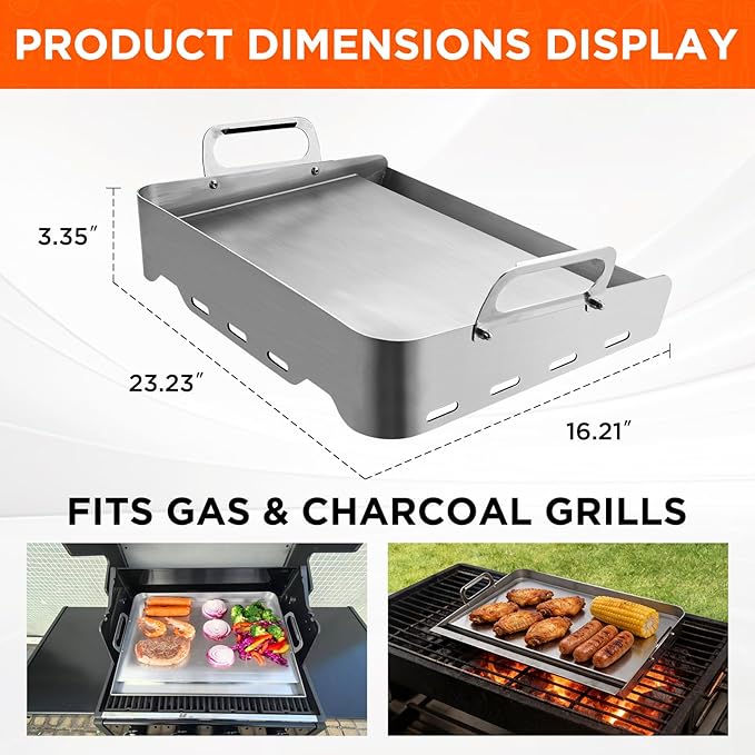 23" x 16" Stainless Steel Flat Top Griddle for Gas & Charcoal Grills, Universal Design for Outdoor & Home Cooking, with Grease Groove & Removable Handle, Ideal for Tailgating & Backyard Parties