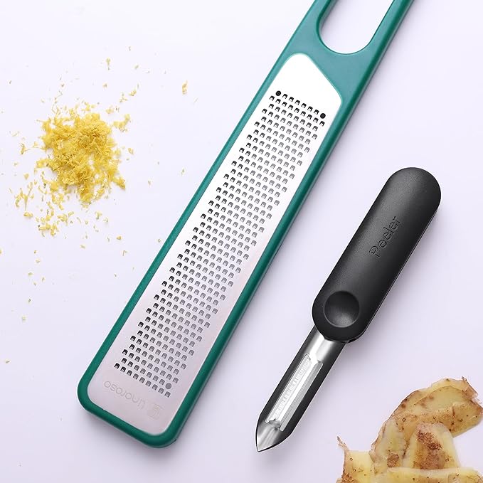 linoroso Lemon Zester & Peeler 2 in 1, Multifunction Kitchen Tool - Handheld Grater for Cheese, Lemon, Peeler for Potato, Carrot, Cucumber - Razor Sharp Stainless Steel Blade with Protective Cover