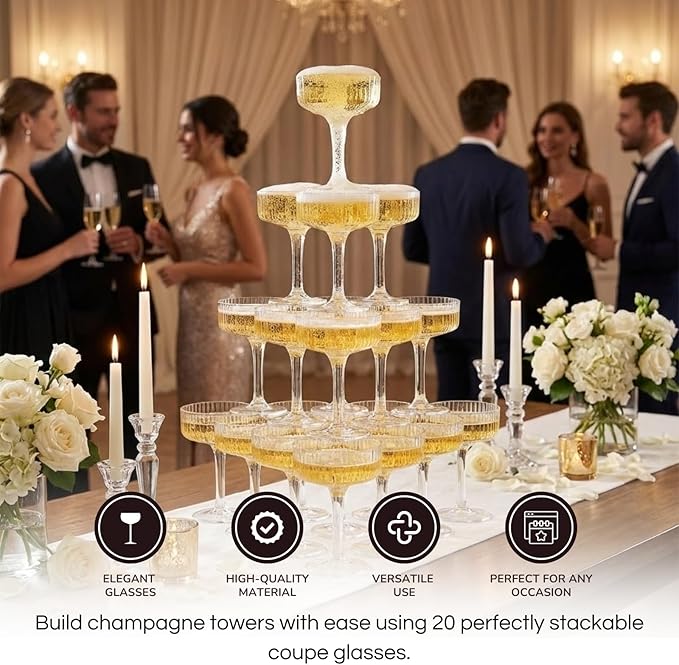 Premium ACRYLIC Champagne Tower Kit | 20 Stackable 7 oz Plastic Coupe Flutes | Reusable & Shatterproof Clear Plastic Glasses for Wedding Receptions, Birthday Parties, and Special Events, Clear Tall
