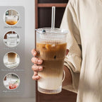 INSETLAN 6-Piece Glassware Set – 20 oz Ribbed Glass Tumblers with Lids and Glass Straws, Heavy-Duty Tumblers, Ideal for Iced Coffee, Smoothies, Cocktails, and Juices – Elegant and Durable Drinkware
