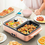 CNCEST 2 in 1 Portable Electric Hot Pot Barbecue Grill Non-Stick Teppanyaki Pan 110V Indoor Hotpot Grill Korean BBQ Combo (Pink)