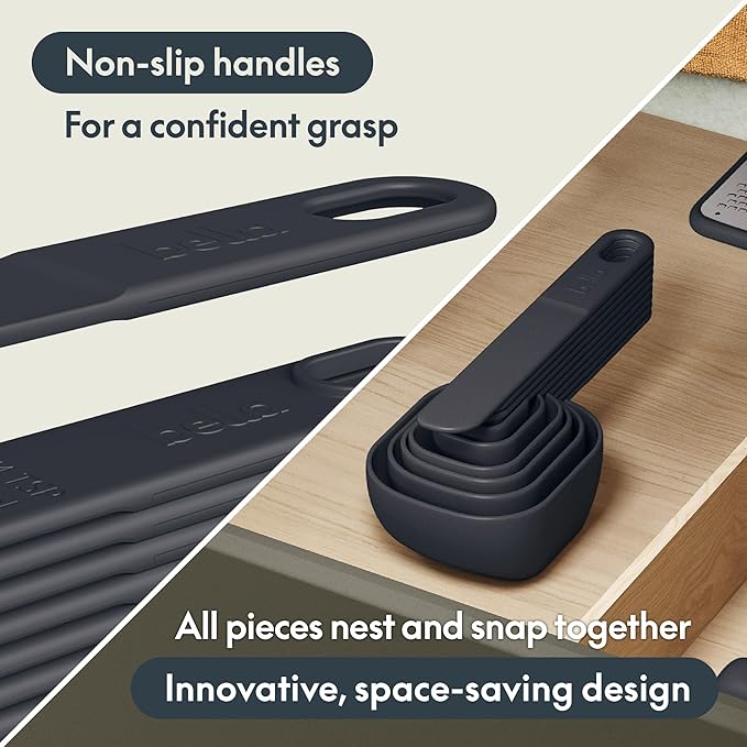 bella 9-Piece Nested Measuring Cups & Spoons Set, Stackable, 4 Cups, 4 spoons, 1 Leveler, Non-slip handles, Kitchen Cooking Baking Measuring Set, BPA Free, Dishwasher Safe, Slate