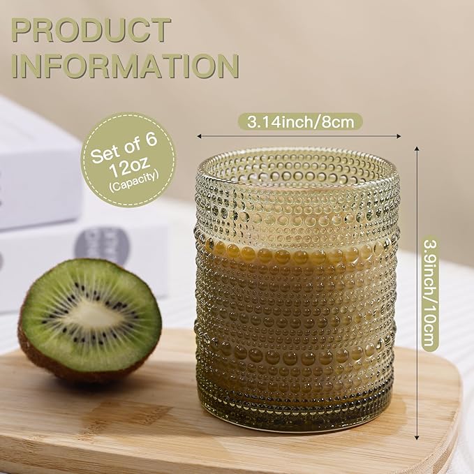 JOVGANK Green Vintage Hobnail Drinking Glasses Set of 6, Embossed Water Tumbler 12oz, Kitchen & Bar Beaded Glass Cups, Beverage Glass Cups for Water, Beer, Juice, Housewarming and Mother's Day Gift