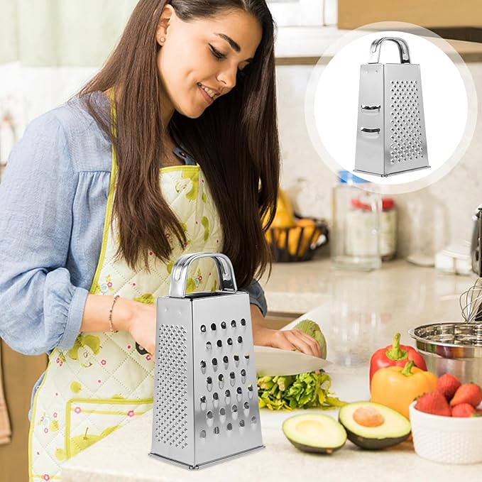 Hemoton Stainless Steel 4-Sided Kitchen Grater Vegetable Slicer and Cheese Shredder with Non-Slip Handle for Efficient Food Prep