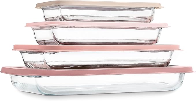 COOK WITH COLOR 8 PC. Glass Baking Dish Set with Lids - Deep Casserole Dish, Glass Food Container, Oven, Freezer and Microwave Safe, Clear Container, Pink