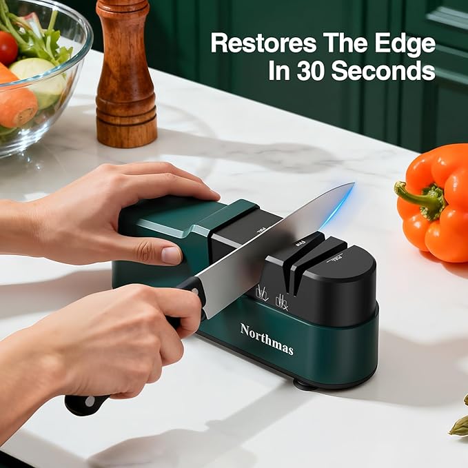 Northmas Knife Sharpener, Professional Electric Knife Sharpener for Home Use, 2 Stages for Quick Sharpening & Polishing, 100V-240V Global Voltage Design, Green