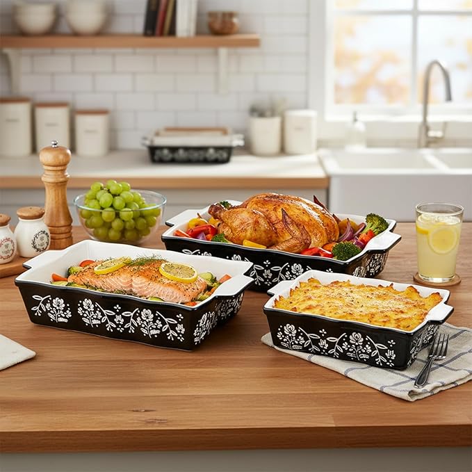 Bekith Casserole Dishes for Oven, Ceramic Baking Dishes with Handles, Ceramic Bakeware Set of 3, Rectangular Lasagna Pan Deep for Baking Cake Kitchen, Black (9"/12.3"/13.9")