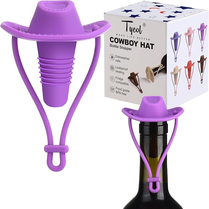 Silicone Wine Stopper, Reusable Cowboy Hat Bottle Sealer, Decorative Wine Accessories, Leakproof Cork Replacement, Wine Collector Gift, Funny Kitchen Gadget to Keep Wine Fresh (Purple)