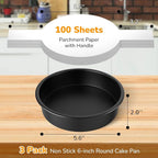 6 Inch Round Cake Pan Set of 3, Nonstick Baking Pans with 100PCS Parchment Paper, Dishwasher Safe