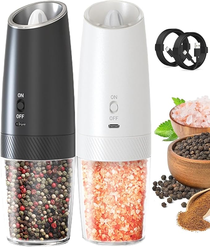 Salt and Pepper Grinder Set Rechargeable, Automatic Electric Pepper and Salt Mill Shaker with Adjustable Coarseness, LED Light, One-Hand Operation Gravity Spice Grinder Kitchen Gadgets, 2 PCS