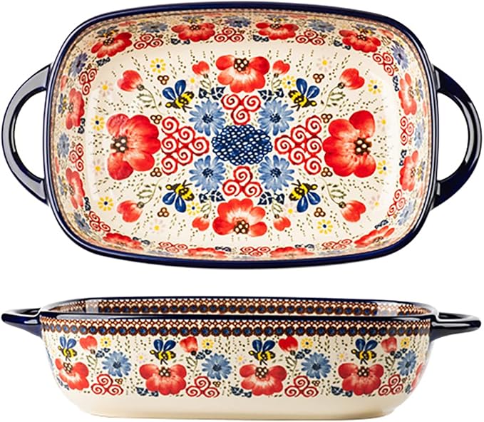 Vintage Flowers Style Ceramic Bakeware Casserole Dish Baking Pan Lasagna Pans Baking Dish with Handles for Oven/Cooking/Kitchen-1 PCS-Red Flowers-60 OZ
