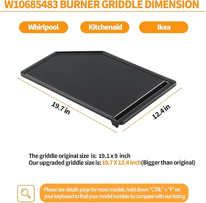 Atgestore Upgraded W10685483 Griddle Replacement for Whirlpool Stove Parts 19.7"X12.4" Cast Iron Griddle Plate KitchenAid Amana 4/5 Burner Gas Range Stove Top Cooktop Burner Griddle Flat Top Pan