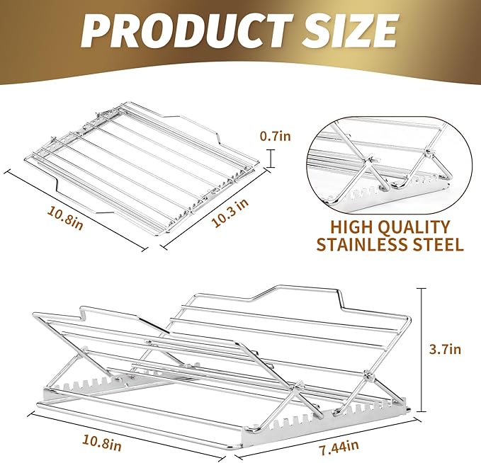 Adjustable Chicken Roasting Rack,Non-Stick Roasting and Cooling Rack, Stainless Steel Foldable Roasting Rack,V-Shaped Stand for Turkey Chicken Includes basting Brush (Silver)