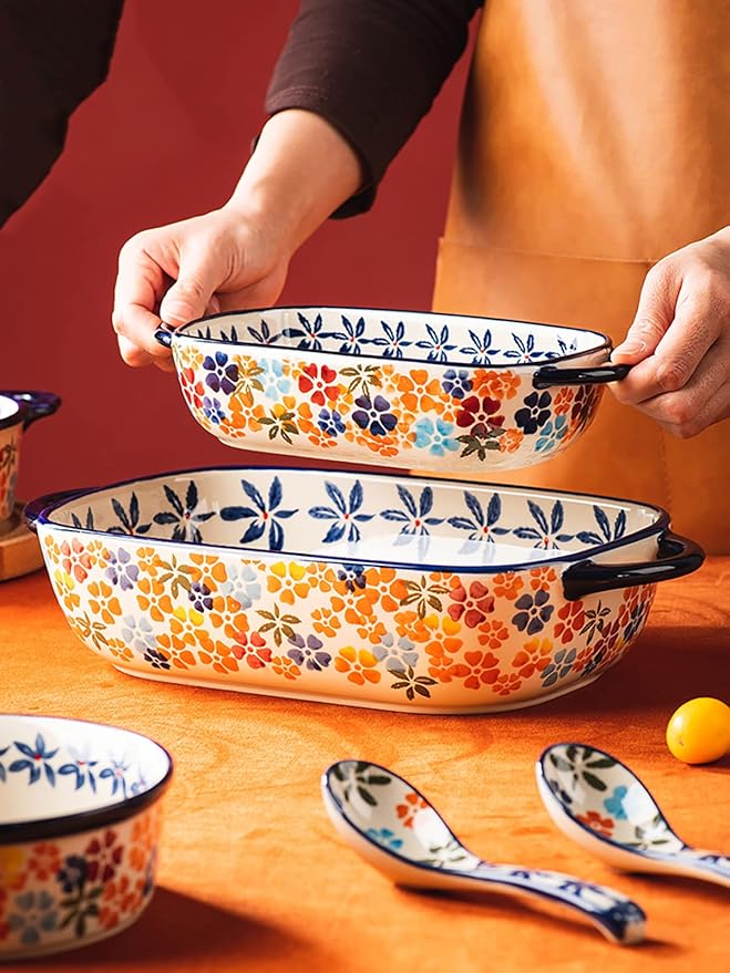 Colorful Cherry Blossom Flowers Vintage Style Ceramic Bakeware Dish Casserole Dish Baking Pan Lasagna Pans with Handles for Oven/Cooking/Kitchen, 1 PCS, 60 oz