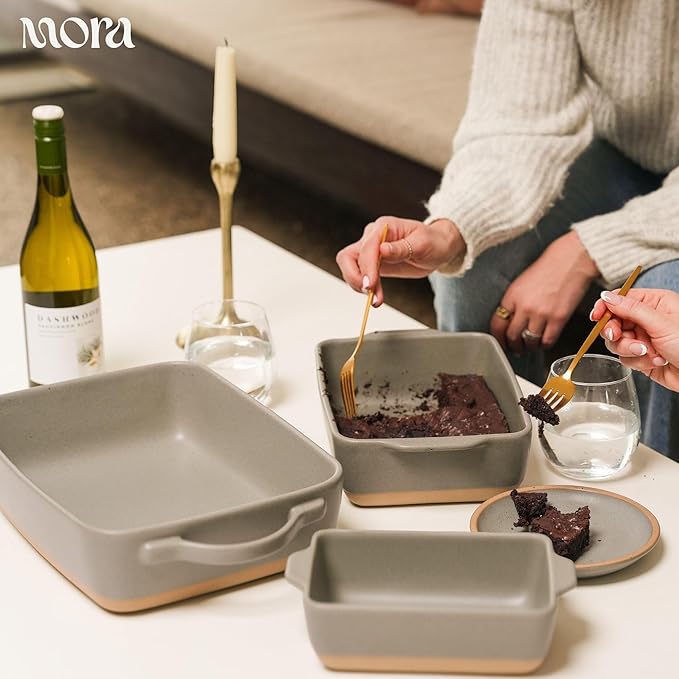 Mora Ceramic Set of 2 Baking Dishes For Casserole, Banana Bread, Brownies, Broiling, Roasting, and Baking. 7x11 in and Loaf Pans - Porcelain Serving Bakeware from Oven to Table. Freezer Safe - Peppercorn