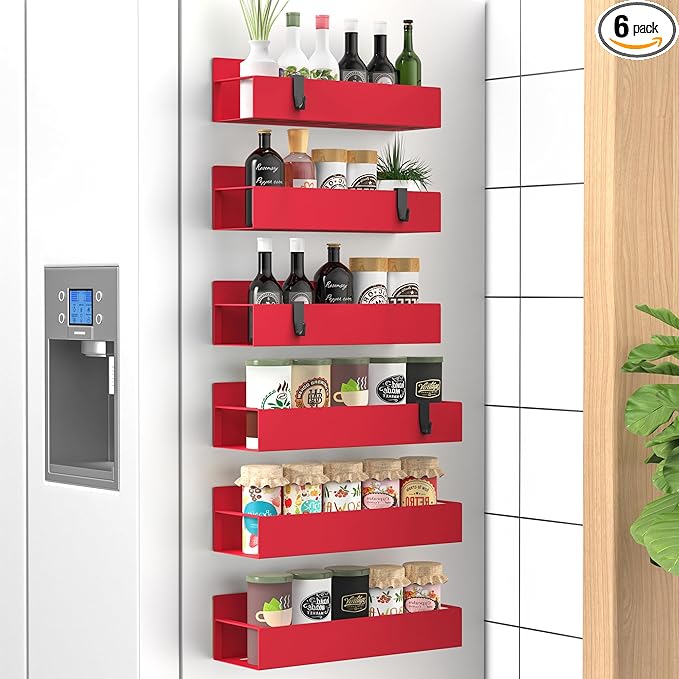 HuggieGems 6 Pack Magnetic Spice Storage Rack Organizer for Refrigerator and Oven, Red Fridge Organizers and Storage