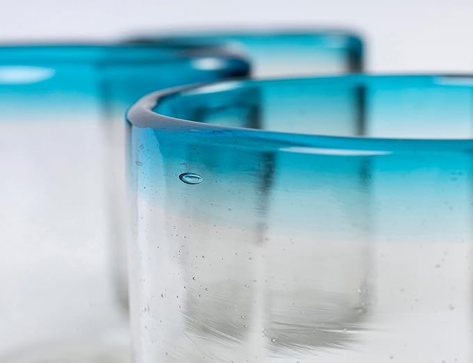 7 oz Hand Blown Mexican Drinking Glasses - Set of 2, 7 fl oz each, Aqua Rim