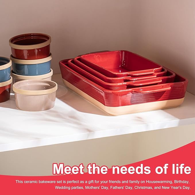 Dafuceramic Casserole Dishes for Oven, Baking Dishes, Ceramic Bakeware Sets of 4, Rectangular Baking Pan Set with Handles for Baking, Casserole, Kitchen, Wedding Gift (Red Yellow)