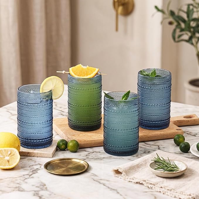 Moretoes Vintage Hobnail Drinking Glasses Set of 6, 15oz Highball Glass Cups, Kitchen Drinkware Glassware,Embossed Water Tumbler,for Beer,Cocktail,Whiskey,Juice and Various Mixed Drinks(Blue)
