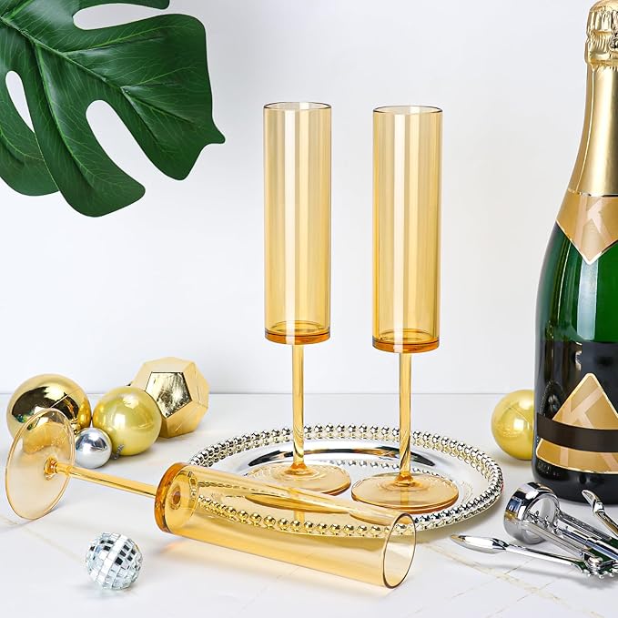 12 PCS Amber Glass Champagne Flutes 5.4 Oz Long Stem Champagne Flutes Plastic Acrylic Champagne Glasses Colored Sparkling Wine Glasses Reusable For Luxury Party Wedding Bar Birthday Use