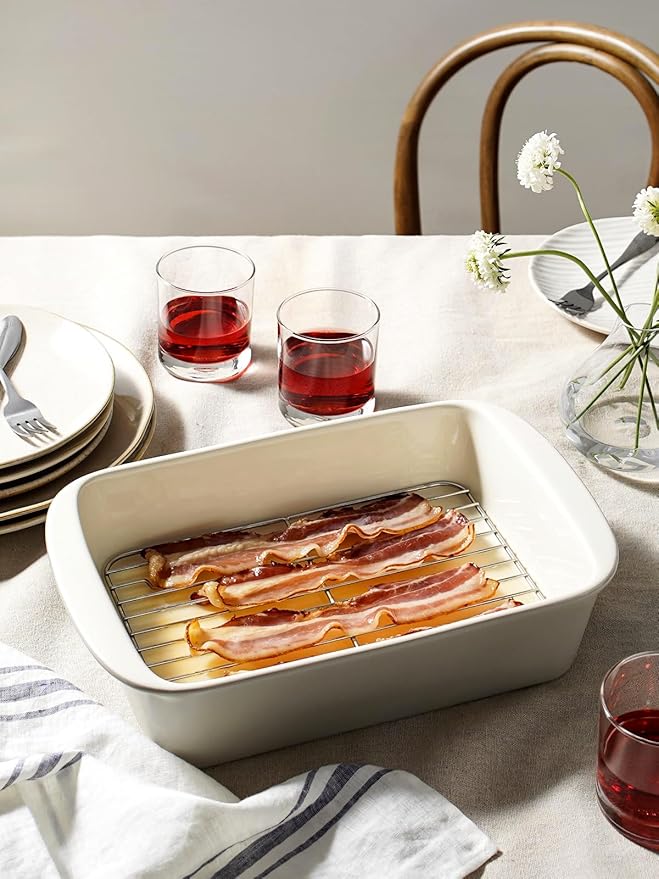 LE TAUCI Deep Casserole Dishes for Oven, 13.7”x9.6” Ceramic Baking Dish Set with Roasting Racks, Large Lasagna Pans with Handles, Rectangular Bakeware as Gift for Mom, Oatmeal Greige (4.6QT/3.0QT/1.6QT), Set of 3