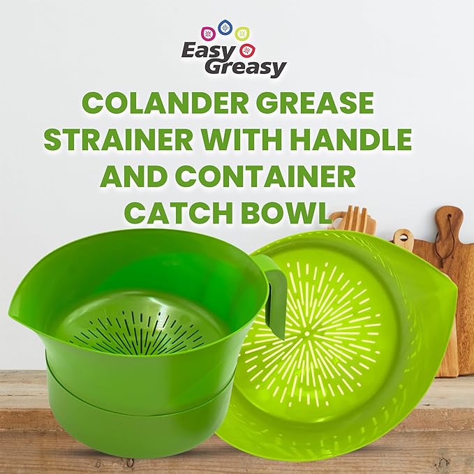 3-Piece Colander Grease Strainer Set – Green Grease Separator with Handle, Container & Lid – Strains Bacon, Pasta, Ground Beef – BPA-Free Kitchen Gadget