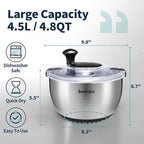 Stainless Steel Salad Spinner, 4.8 Qt Vegetable Washer, BPA-Free Lettuce Dryer with Crank Design, Dishwasher Safe, Non-Slip Base - Transparent Lid
