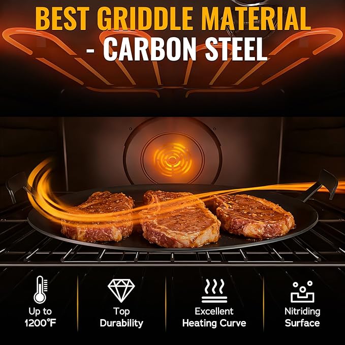 Premium Carbon Steel Griddle, Round Non-Toxic Stovetop Flat Top Pan for Gas, Electric Range, Induction, Grill & Campfire, Pre-seasoned Nitride Coating, Oven Safe to 1200°F, with Heat-insulating Gloves