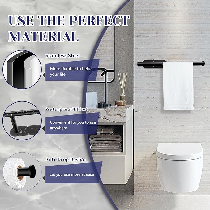 Paper Towel Holder, Self Adhesive or Drilling Paper Towel Holder Under Cabinet, Stainless Steel Black Paper Towel Holders Wall Mount for Kitchen, Bathroom, Sink, Pantry, Fridge