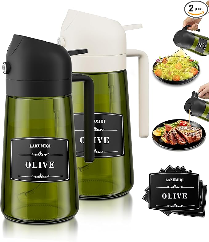 LAKUMIQI 2 in 1 Oil Sprayer for Cooking, 16oz Olive Oil Dispenser Bottle for Kitchen, Food Grade Light-Blocking Leak Proof Glass Spray Bottle for Salad, Air Fryer, BBQ