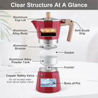 Sivaphe Aluminum Moka Pot 6 Espresso Cups, Percolator Espresso and Coffee Maker, Portable Stovetop Italian and Cuban Café Brewer for Home and Camping Red