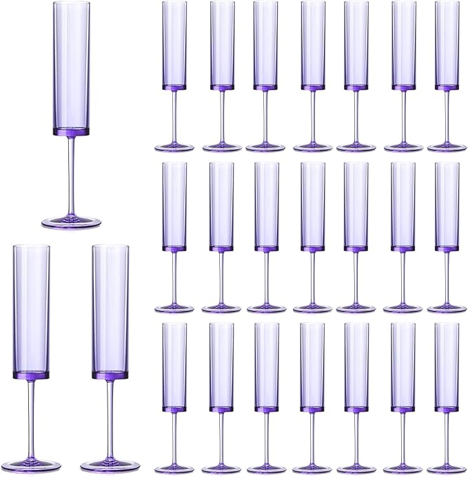 24 PCS Purple Champagne Flutes Plastic 5.4 OZ Champagne Flutes Acrylic Reusable Pastel Colored Plastic Glasses Long Stem Wine Glasses Toasting Wedding For Party Birthday Anniversary