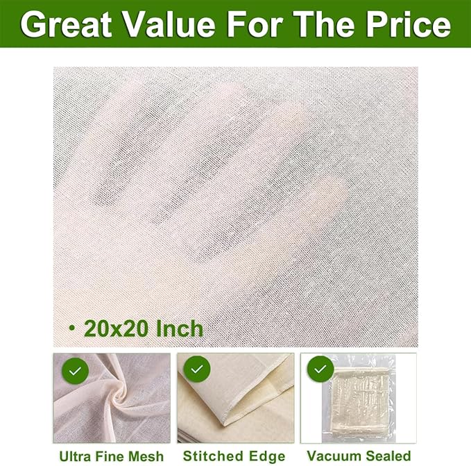 15 Pcs Cheese Cloths for Straining, 20x20 Inch Grade 100 Precut Cheese Cloth With Fabric Fine Mesh Cloth, 100% Unbleached Cotton, Reusable Muslin Cheesecloth for Straining, Juicing, Cooking Turkey