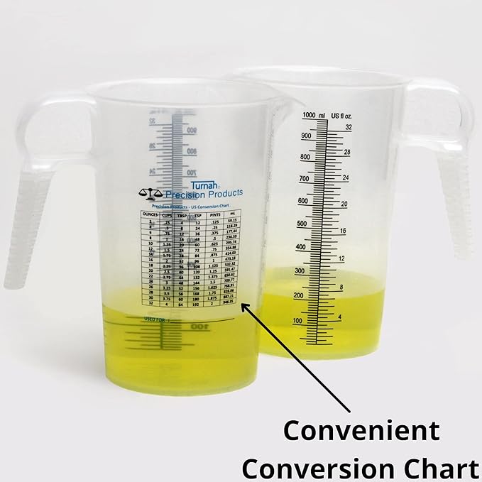 32oz (1 Quart) Measure Pitcher with Convenient Conversion Chart – Extra Strong Food Grade – Great for Cooking, Home Hobbies, Shop Oil and Fluids, Spa Chemicals with High Chemical Resistance by Turnah