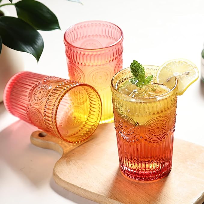 Loivttvv 6pcs Vintage Drinking Glasses Set, 12 oz Glass Cups, Embossed Ribbed Christmas Glassware Water Tumblers for Cocktail, Water, Juice, Milk, Whiskey