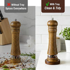 Wood Salt and Pepper Grinder, Salt Grinder and Pepper Mill, Oak Wood Shakers with Adjustable Ceramic Grinders (8″ - 1 Pack with Tray)