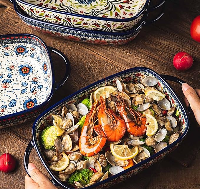 Red Daisy Flower Vintage Style Ceramic Bakeware Casserole Dish Baking Pan Lasagna Pans Baking Dish with Handles for Oven/Cooking/Kitchen-1 PCS, 60 OZ
