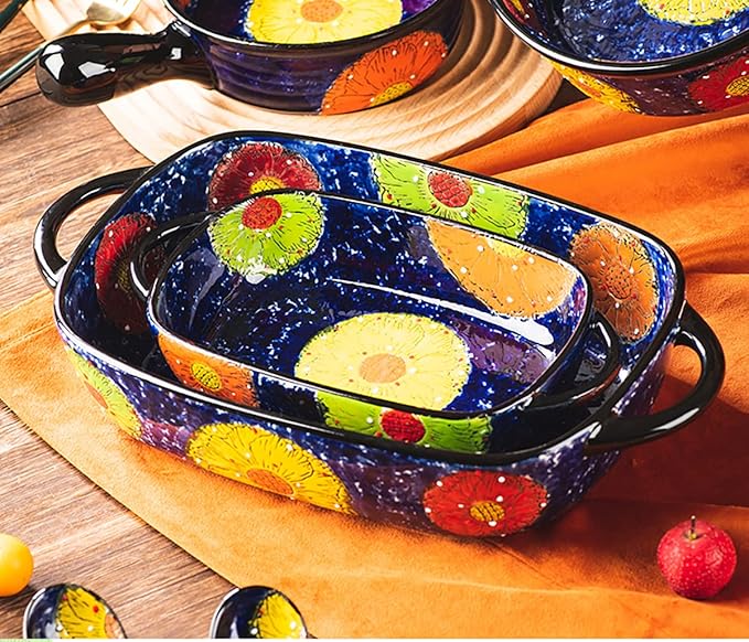 Vintage Style Pottery Bakeware Colorful Daisy Pattern Ceramic Casserole Dish Baking Pan Lasagna Pans Baking Dish with Handles from Oven to Table Plate-1 PCS, 60 OZ
