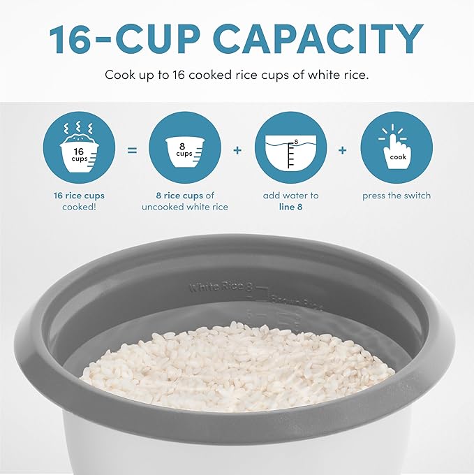 AROMA® Rice Cooker, 8-Cup (Uncooked) / 16-Cup (Cooked), Pot-Style Rice Cooker and Soup Warmer with One-Touch Control, 4 Qt, White, ARC-368NG