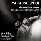 Primula Stewart Whistling Stovetop Tea Kettle Food Grade Stainless Steel, Hot Water Fast to Boil, Cool Touch Folding, 1.5-Quart, Brushed with Black Handle