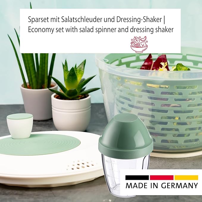 Westmark Spinderella Salad Spinner 4.4L and Shaker Cup Mixing Egg 0.25L - Non-Slip Spinner with Rotary Knob and Spout - Shaker with Screw Lid and Mixing Disc - Mint Green