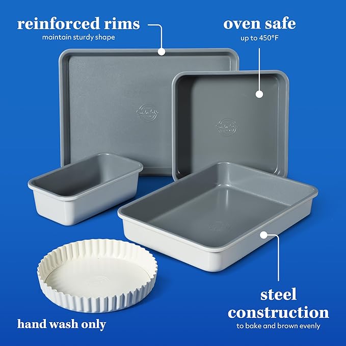 Sur La Table Kitchen Essential Carbon Steel Baking Pans Bakeware Set W/Premium PFOA, PFAS, PTFE Free Grey Non stick - Linen White Exterior