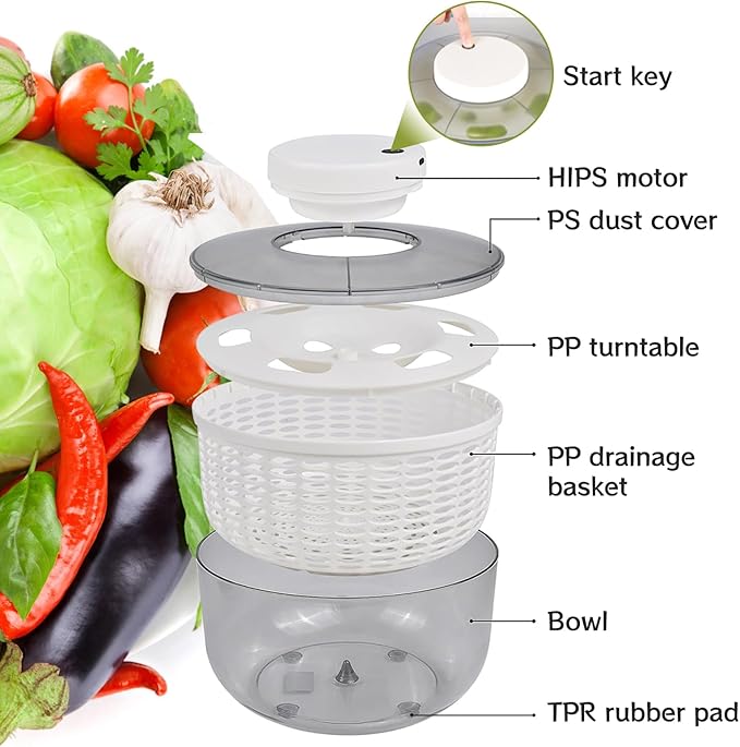 Electric Salad Spinner, 6L Lettuce spinner,Large Capacity Salad Vegetable Dryer,Fruit Salad Washer spinner dryer for Home Kitchen Washing & Drying Leafy Vegetables