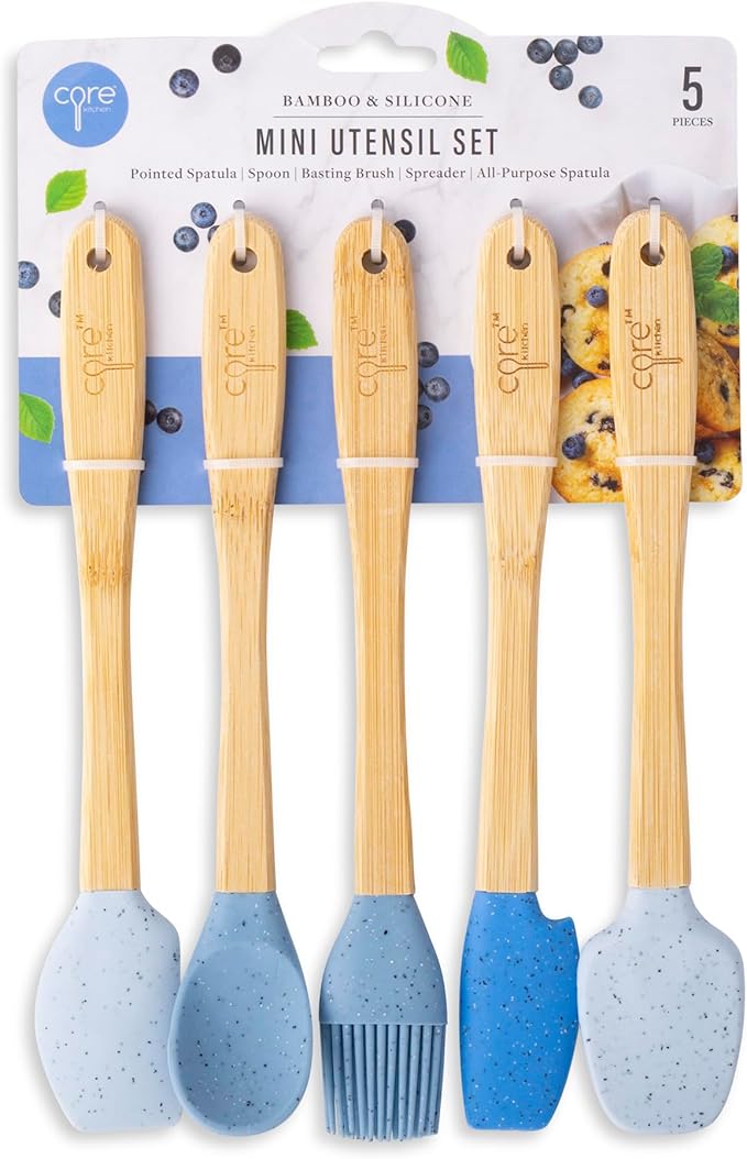 Core Kitchen 8.25" 5pc Silicone Mini Utensil Set with Bamboo Handles - Speckle Pastel Sky, Levi Blue, Royal Ribbon