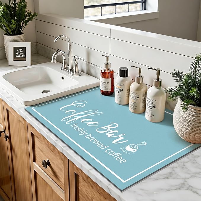 Findosom Dish Drying Mat, 17"x 32" Super Absorbent & Hide Stain Coffee Mat, Cuttable Drying Mat for Kitchen Counter, Coffee Bar Accessories, Under Dish Rack, Coffee Maker, Espresso Machine, Blue