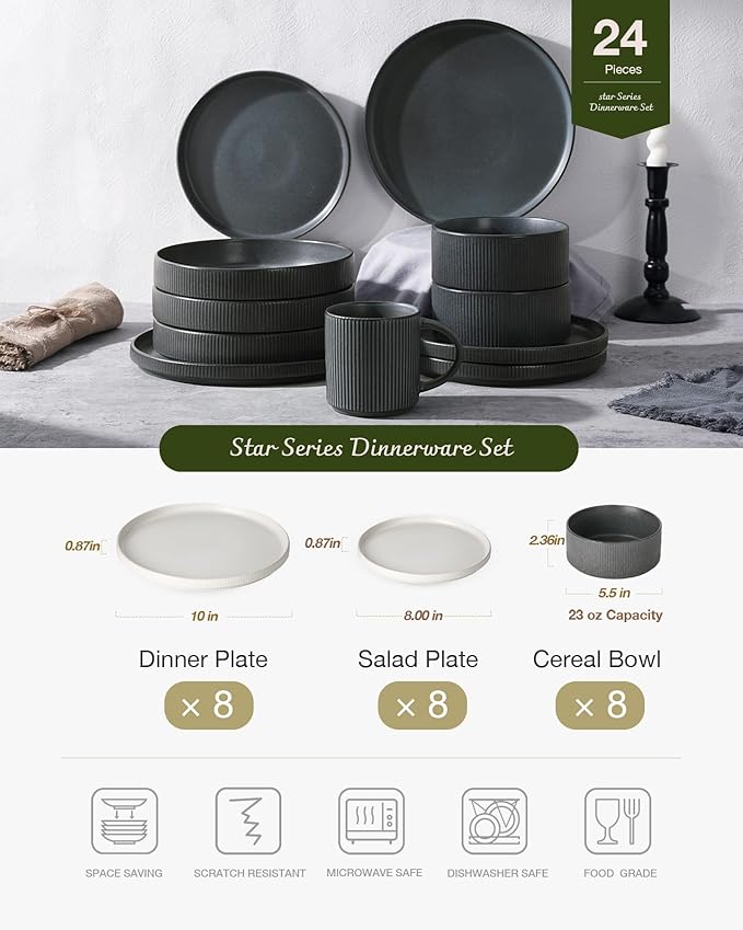 Famiware Star 24-Piece Reactive Glaze Plates and Bowls Sets, Service for 8 - Stoneware Dinnerware Set, High Edge Ribbed Dishes, Chip & Scratch Resistant, Microwave & Dishwasher Safe, White & Black