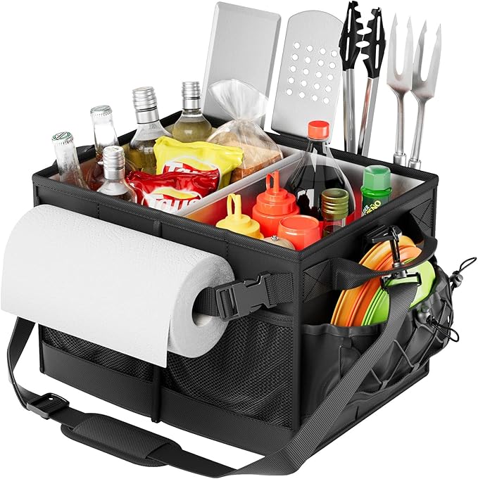 Lorbro Grill Caddy, BBQ Caddy with Paper Towel Holder, Utensil Caddy with Condiment Pocket, Collapsible Picnic Basket Camping Gear Must Haves for Outdoor, Gift, Grilling Tool, Barbecue, RV, Black
