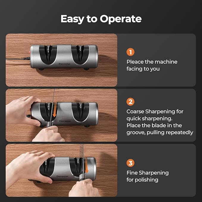 Electric Knife Sharpener, Professional Kitchen Knife Sharpener for Home Use, 2 Stages of Coarse Sharpening & Fine Polishing, Metal Dust Collection Box for Easy Cleaning, Dark Gray