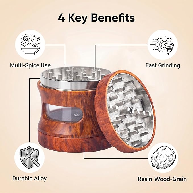4-Piece Spice Grinder with Magnetic Lid, Resin Wood Grain Grinder with Integrated Screen & Transparent Storage Chamber, Manual Kitchen Seasoning Grinder