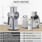 SUSTEAS Rotary Cheese Grater with Handle - Vegetable Shredder with 5 Well-designed Blades & Strong Suction Base,Round Mandoline Slicer & Food Chopper for Kitchen,with Blade Storage Box(Gray)